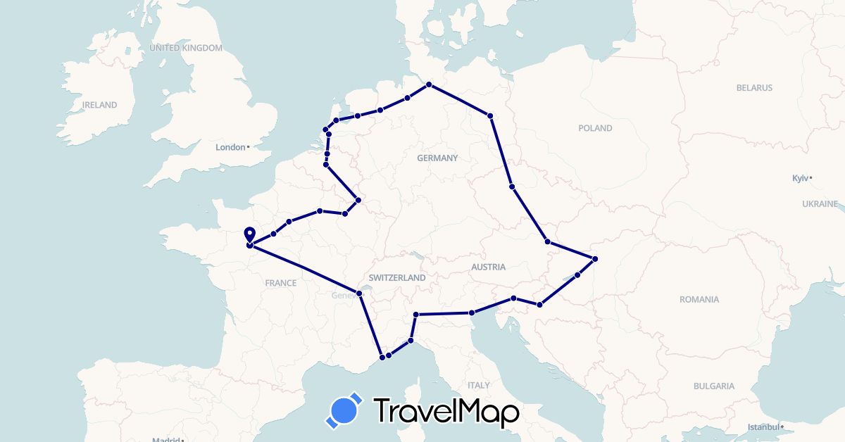 TravelMap itinerary: driving in Austria, Belgium, Switzerland, Czech Republic, Germany, France, Croatia, Hungary, Italy, Luxembourg, Monaco, Netherlands, Slovenia (Europe)